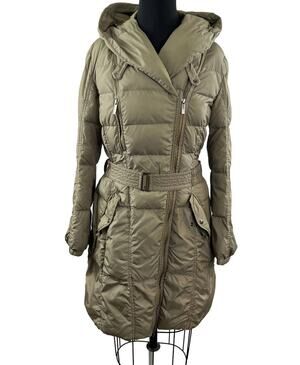 ADD Beige Taupe Quilted Midi Long Sleeve Belted Fitted Puffer Jacket 8